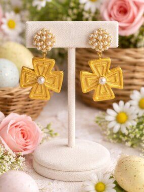 Gold Cross Earrings, Pearl Cross Dangle Earrings, Christian Jewelry for Women